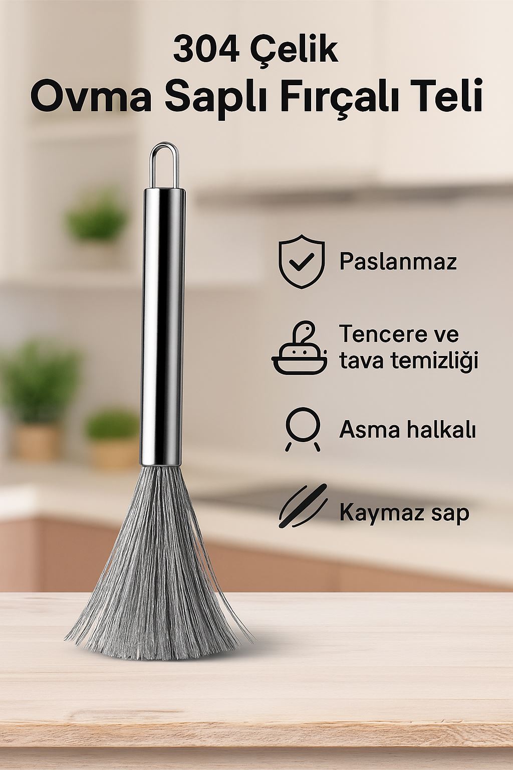304 Çelik Tencere Tava Ovma Saplı Fırçalı Bulaşık Kazıma Teli Fırçası cin701