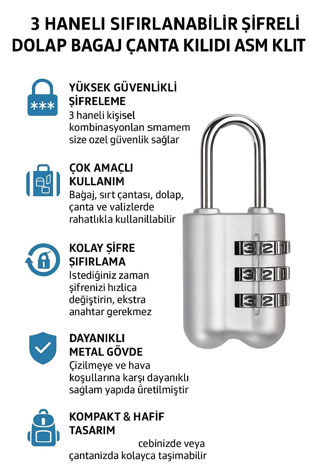 3 Haneli 21 mm Sıfırlanabilir Şifreli Dolap Bagaj Çanta Kilidi Asma Kilit cin536