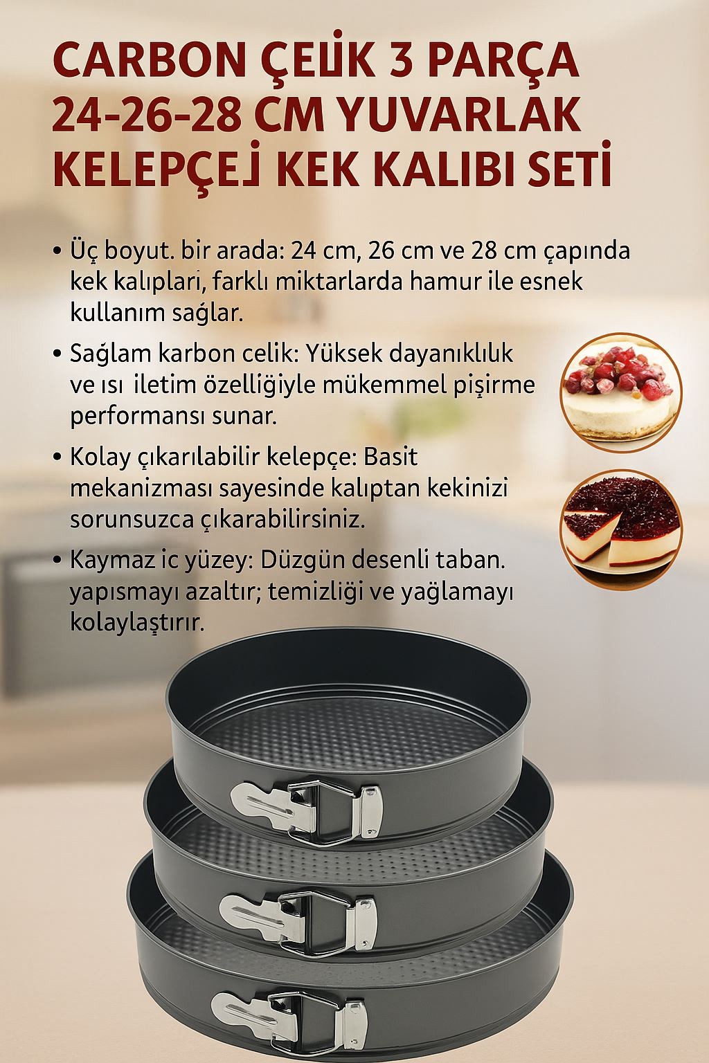 Karbon Çelik 3 Parça 24-26-28 cm Yuvarlak Kelepçeli Kek Kalıbı Seti cin802sy