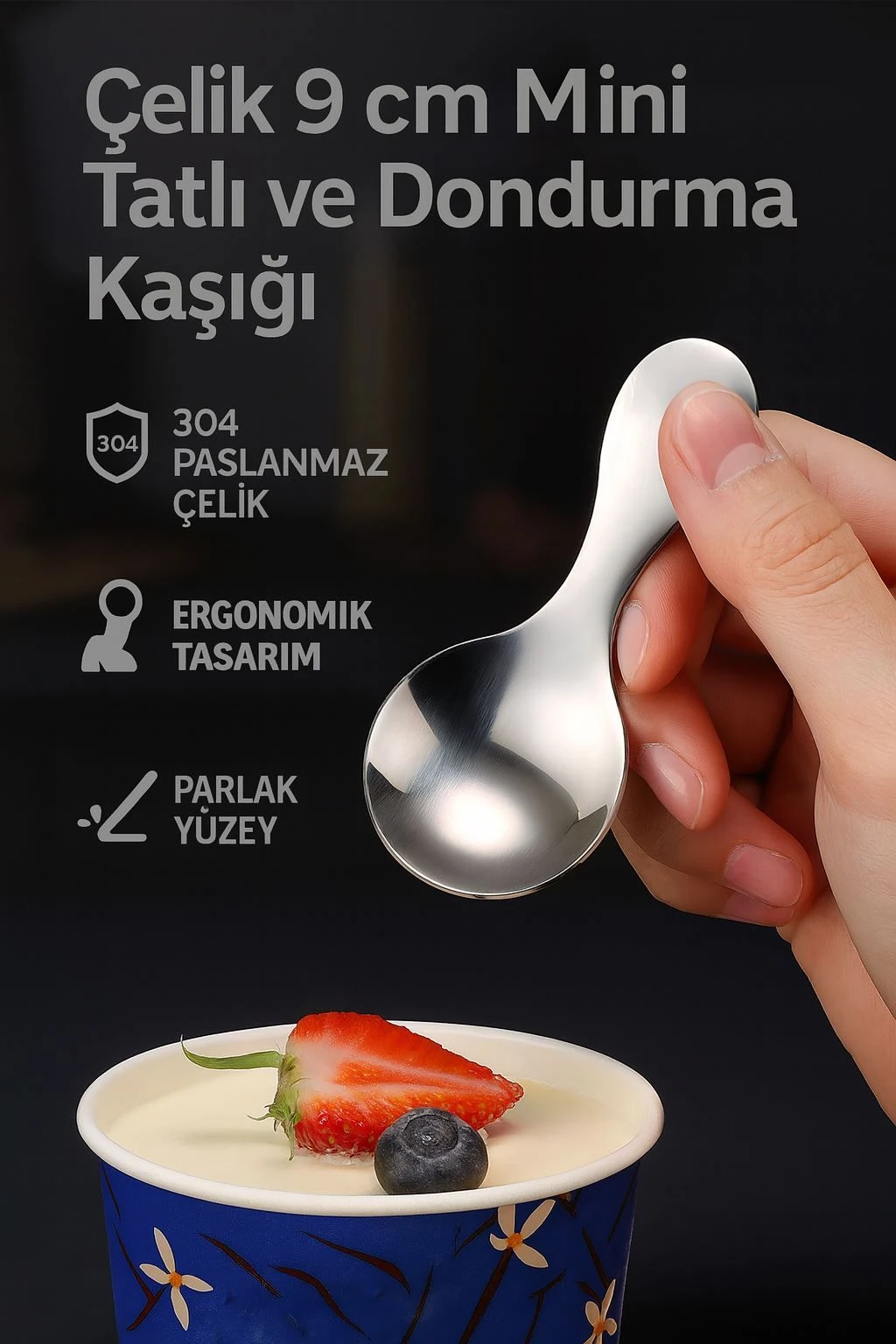 304 Çelik Mini  9 cm Tatlı Dondurma Muhallebi Baharat Kaşığı cin752byx