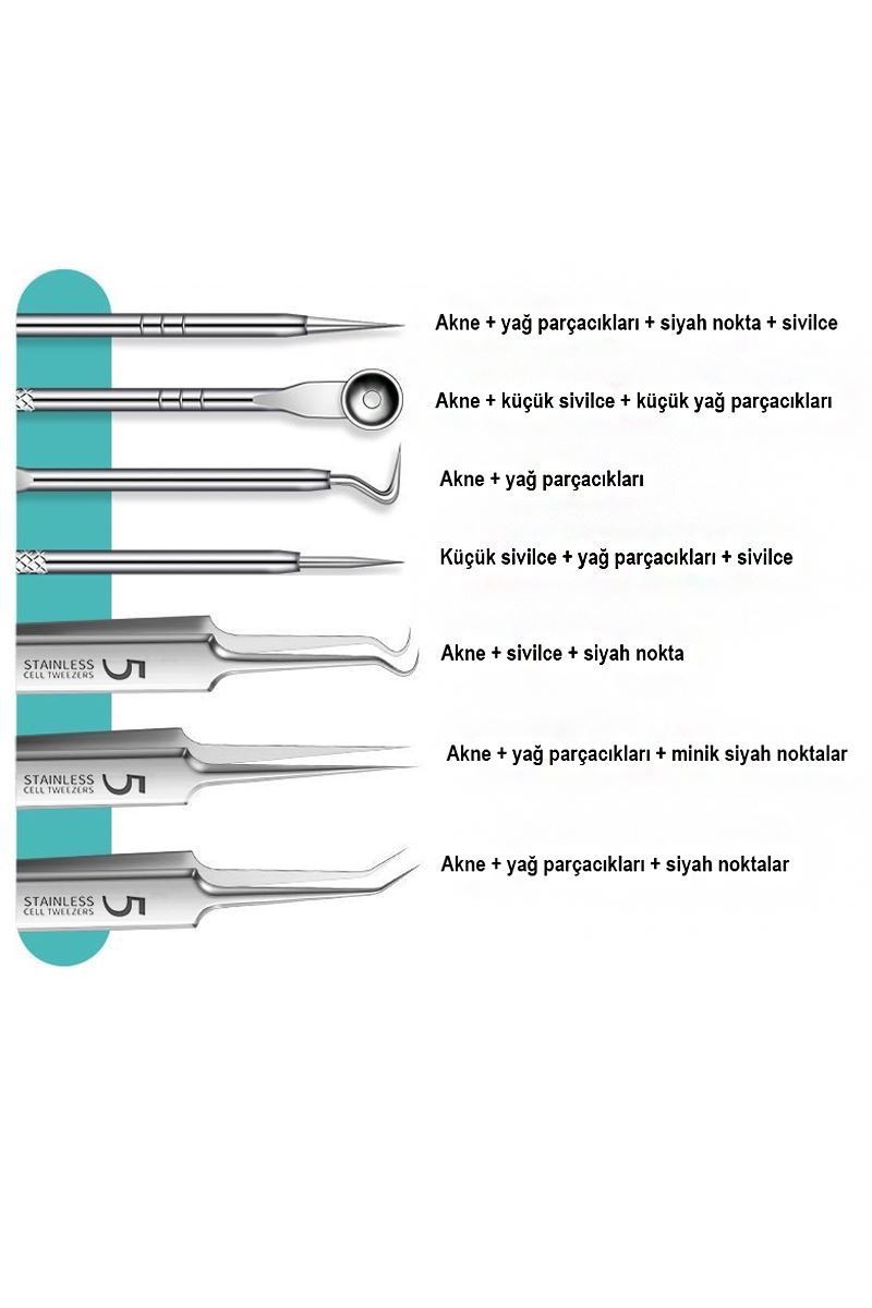 Çelik 7 Parça Kutulu Akne Silivce İğne Aracı Siyah Nokta Temizleme Seti cin646