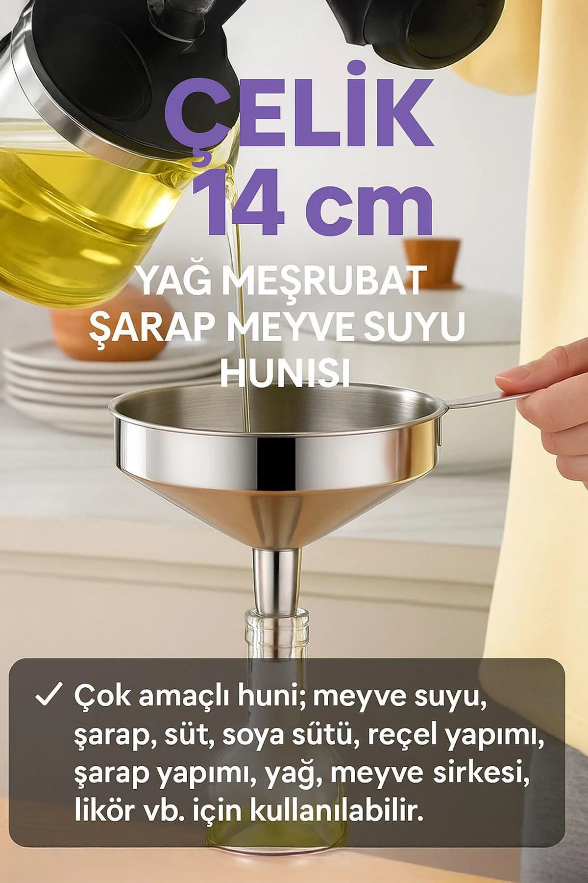 Paslanmaz Çelik 14 cm. Yağ Meşrubat Şarap Meyve Suyu Hunisi cin712