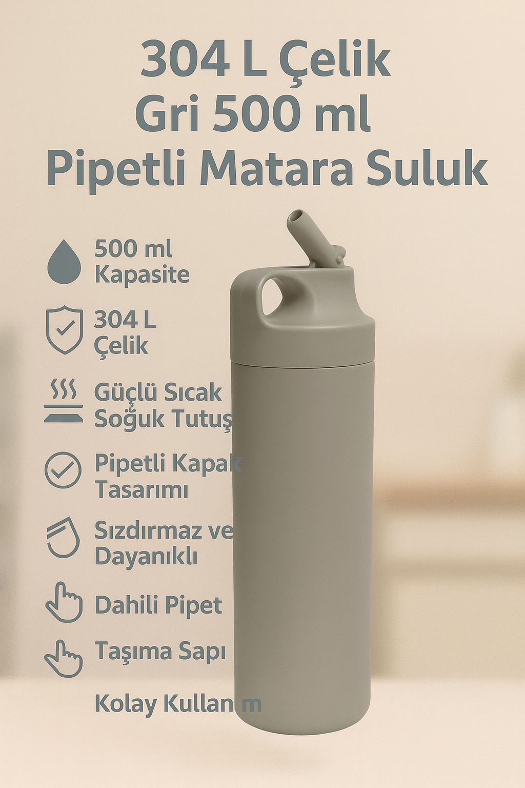 304 L Çelik Gri 500 ml Pipetli Matara Suluk cin414gr