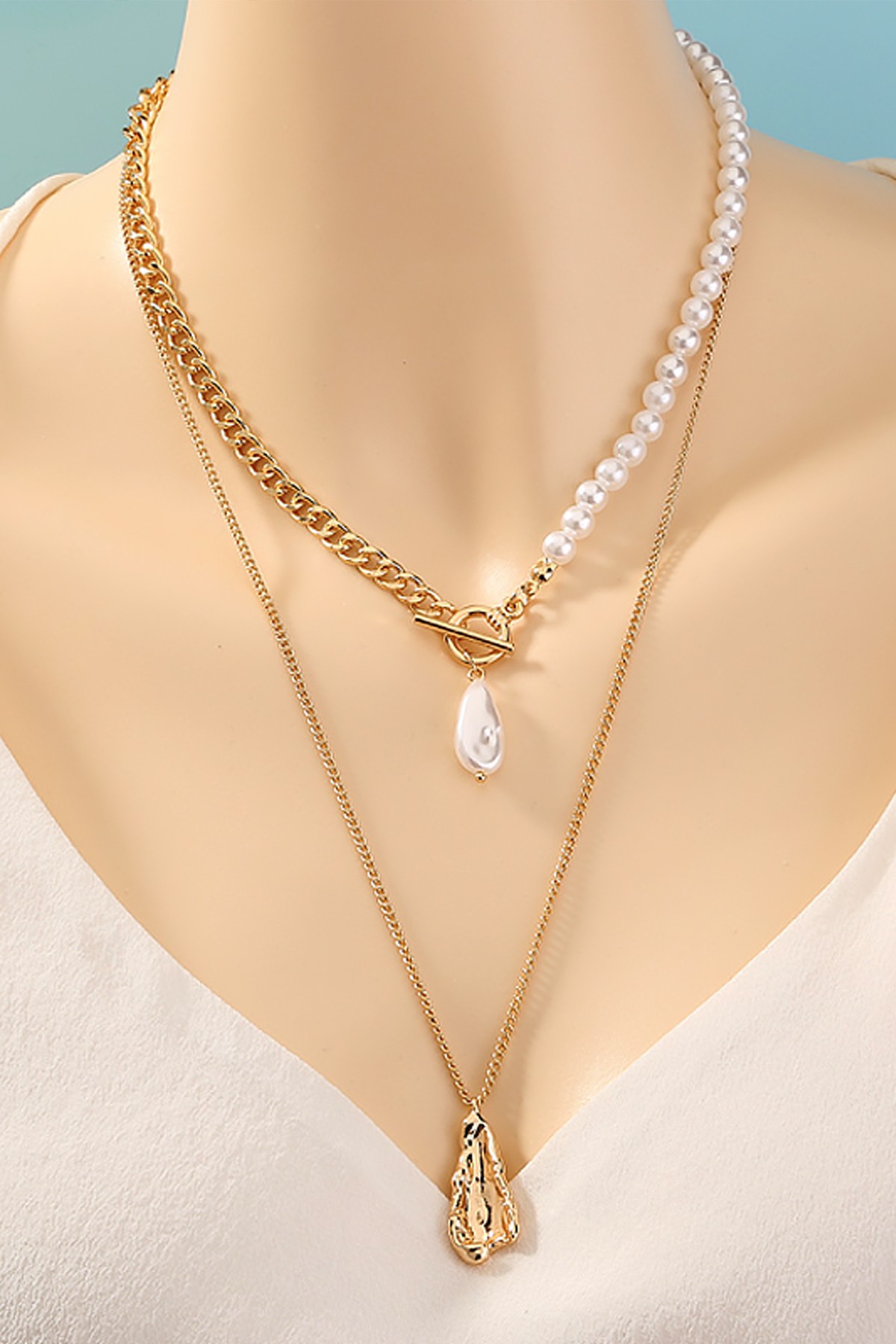 Chavin 2 Katmanlı Yapay incil Gold  Alloy Bayan Zincir Kolye en22