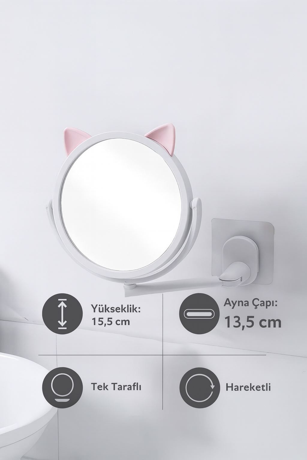 Beyaz Kedi Tasarım Hareketli Plastik Banyo Duvar Aynası cin715by
