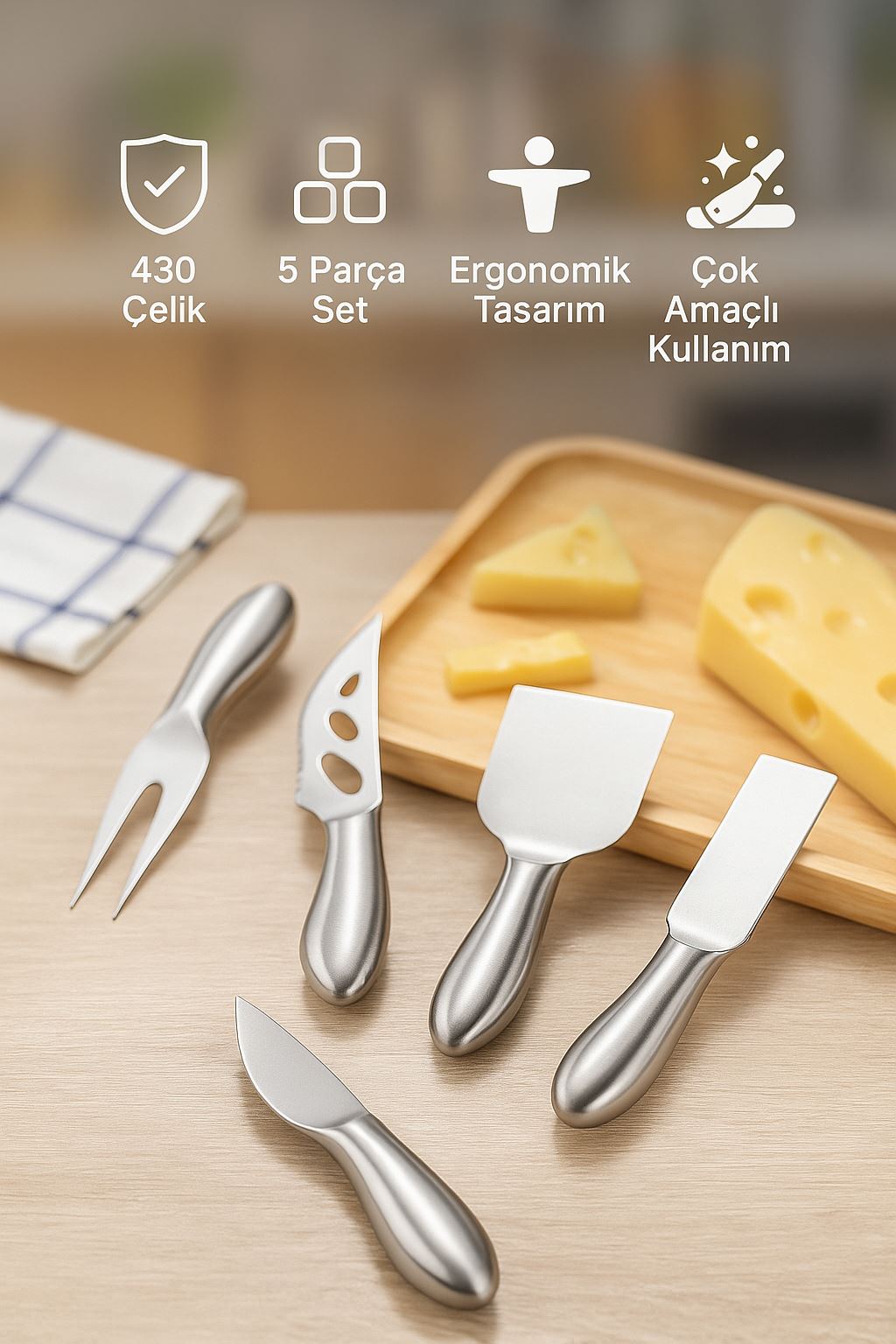 Paslanmaz Çelik 5 Parça Silver Peynir Bıçağı Seti Peynir Dilimleyici cin621by