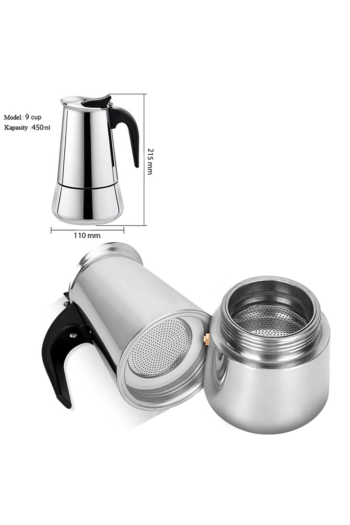 Paslanmaz Çelik Ocak Üstü 9 Cup Fincan Moka Pot Espresso cin285-9