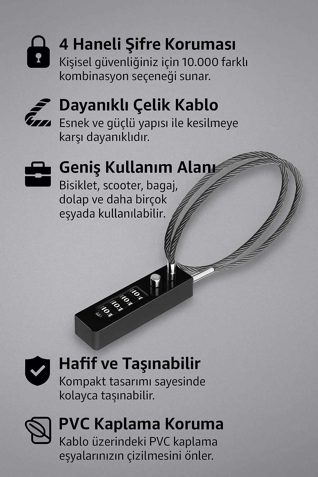 Siyah 4 Haneli Şifreli 30 cm Sıfırlanabilir Dolap Bagaj Kilidi cin542sy