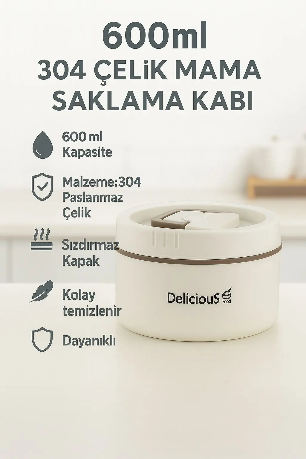 304 Çelik Krem 600 ml Yemek Mama Saklama Kabı Sefer Tası (SICAK