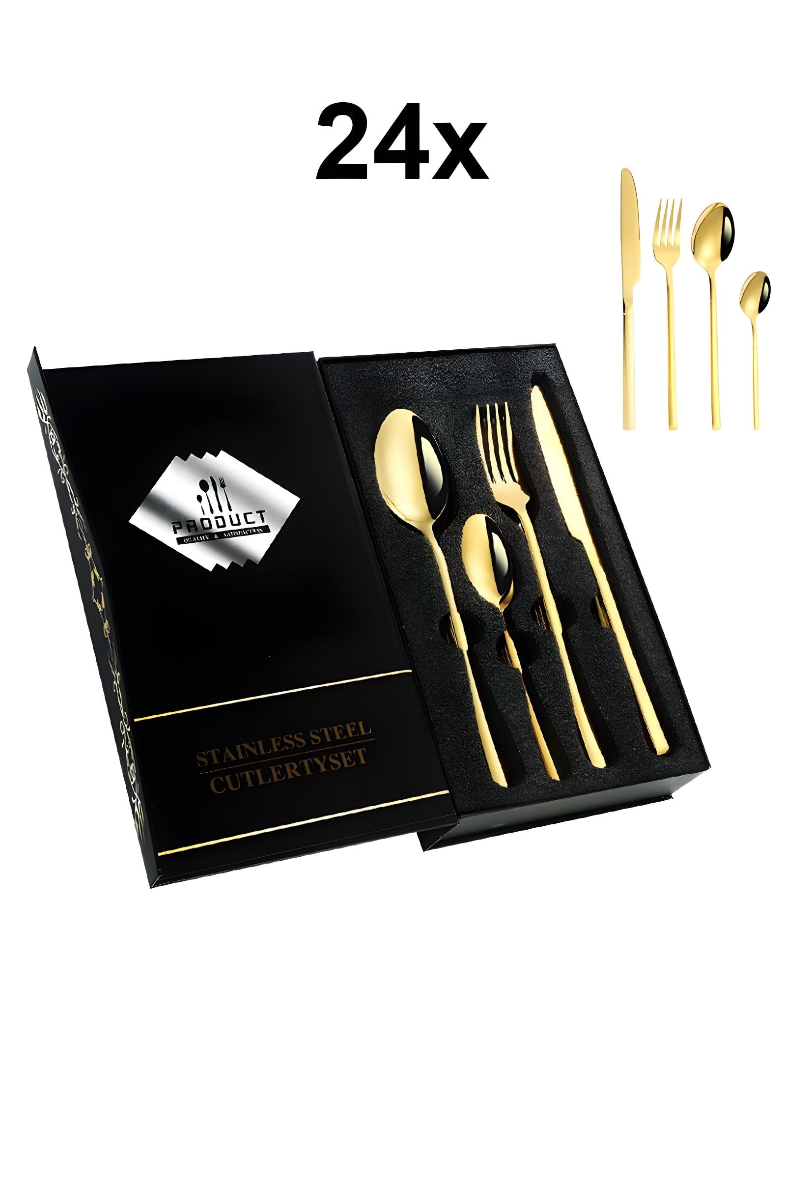 Çelik 24 Parça 6 Kişilik Gold Yemek Kaşık Çatal Bıçak Set cin739srx