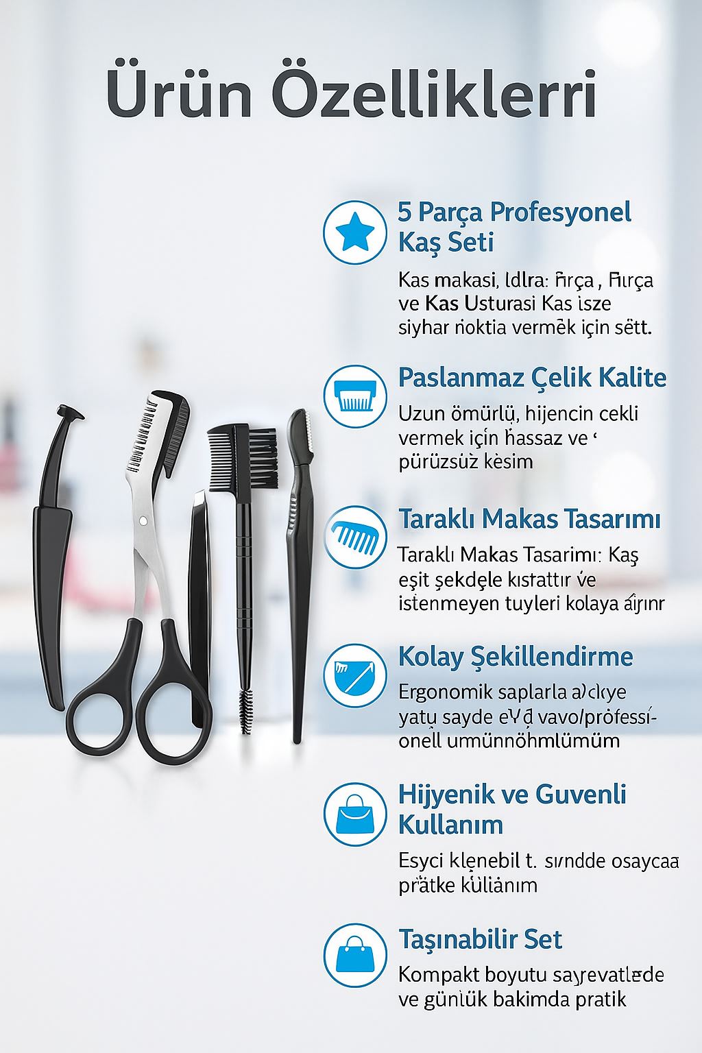 Çelik 5 Parça Taraklı Kaş Makası ve Kaş Usturası Kaş Şekillendirme Seti cin654