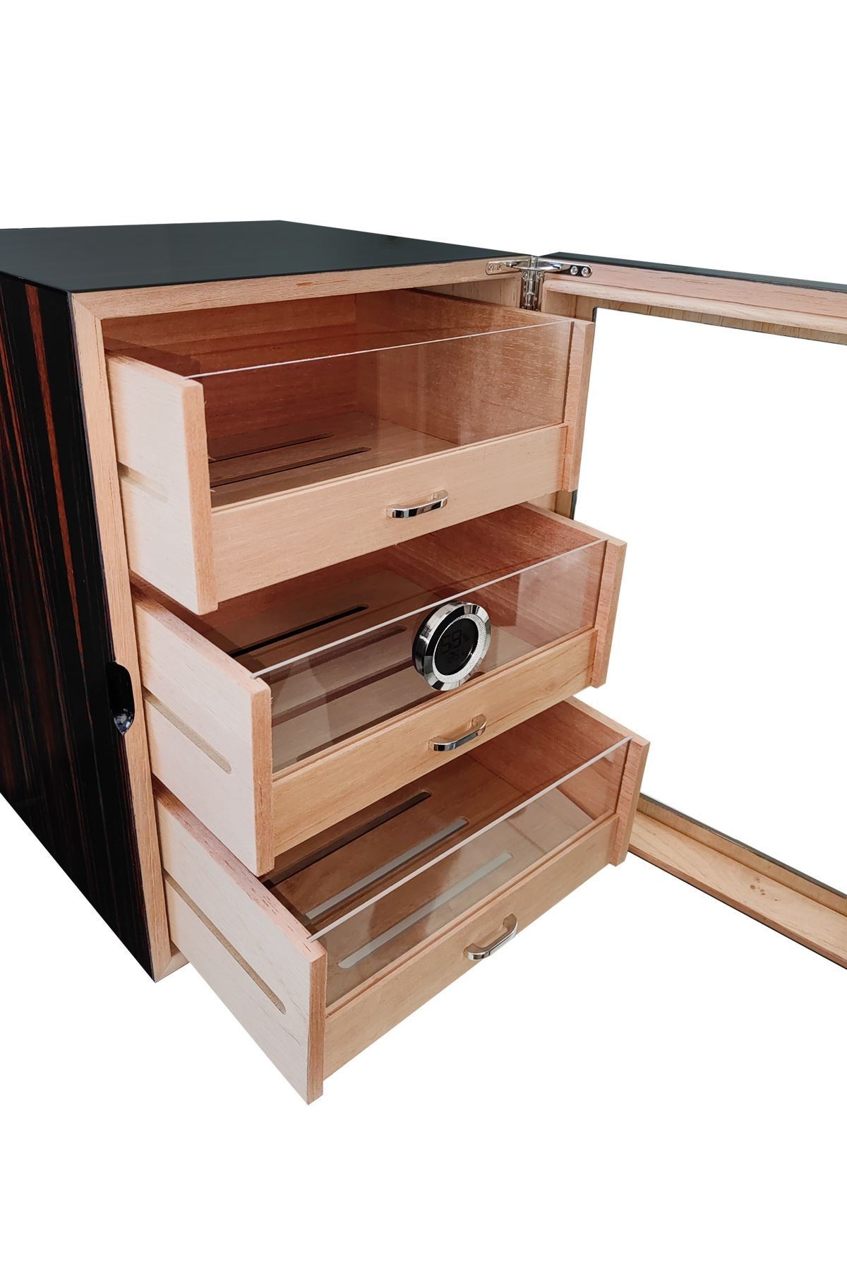 Falconetti Çekmeceli 3 Katlı Kahverengi Önü Camlı Sedir Humidor Puro Kutusu rc77