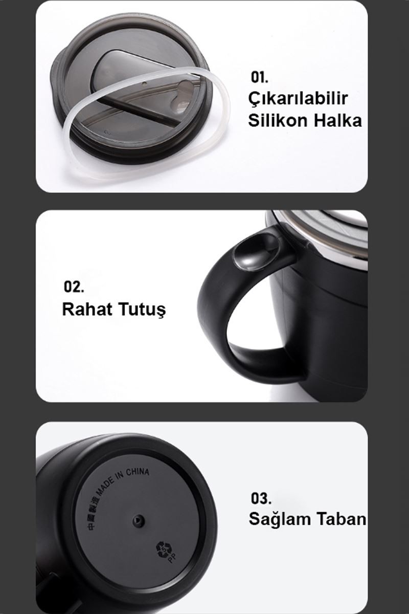 304 L Çelik Siyah Sıcak Soğuk 500 ml Kahve El Termos Kupa Mug cin558sy