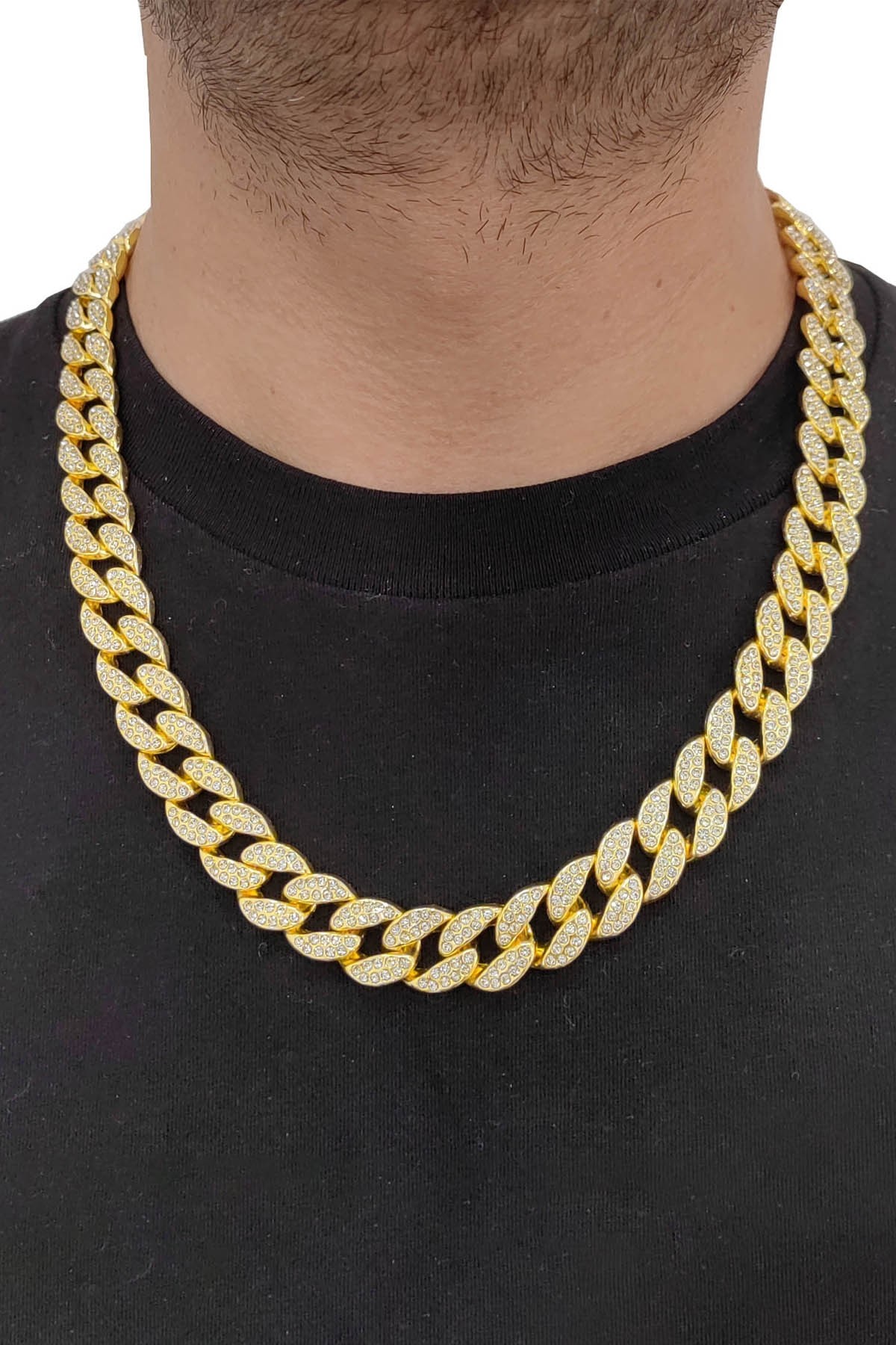 Chavin 13 mm. Kalın 60 cm. Taşlı Gold  Alloy Erkek Zincir ek21sr