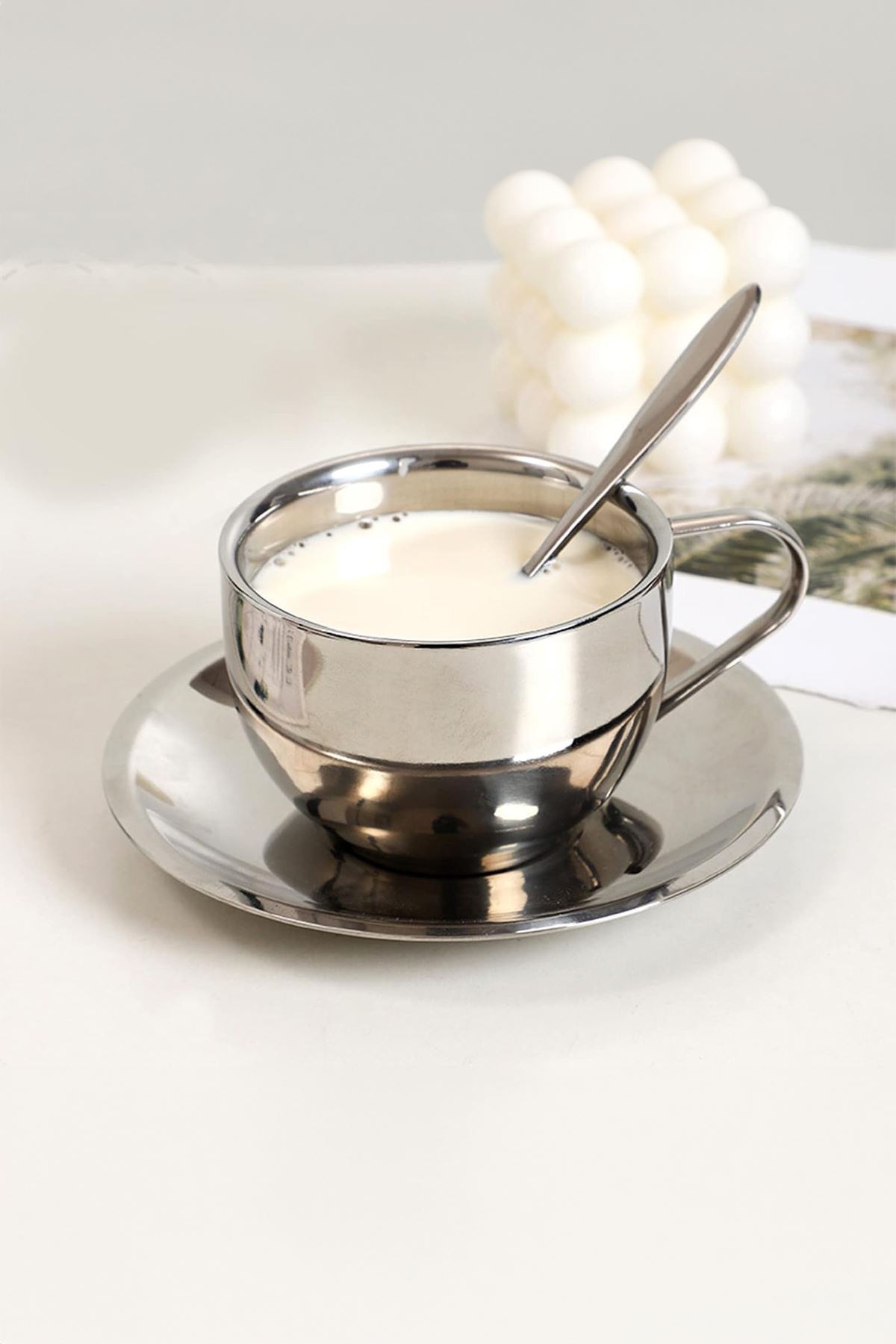 Çelik 2 Adet 3 Parça 180 ml Çift Cidar Espresso Kahve Fincan Set Sunum Bardağı 