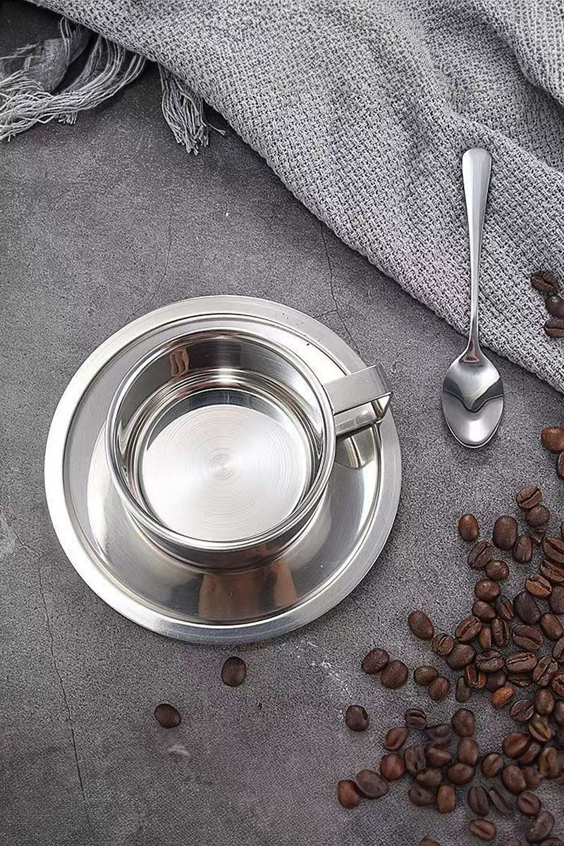 Çelik 3 Parça 200 ml Çift Cidarlı Espresso Kahve Fincan Seti Sunum Bardağı mt119