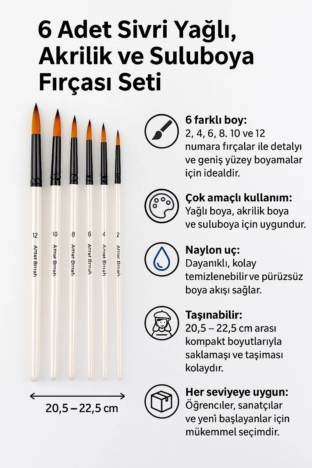 6 Adet Sivri Yağlı Akrilik ve Suluboya Fırçası Takımı  Naylon Fırça Seti cin686
