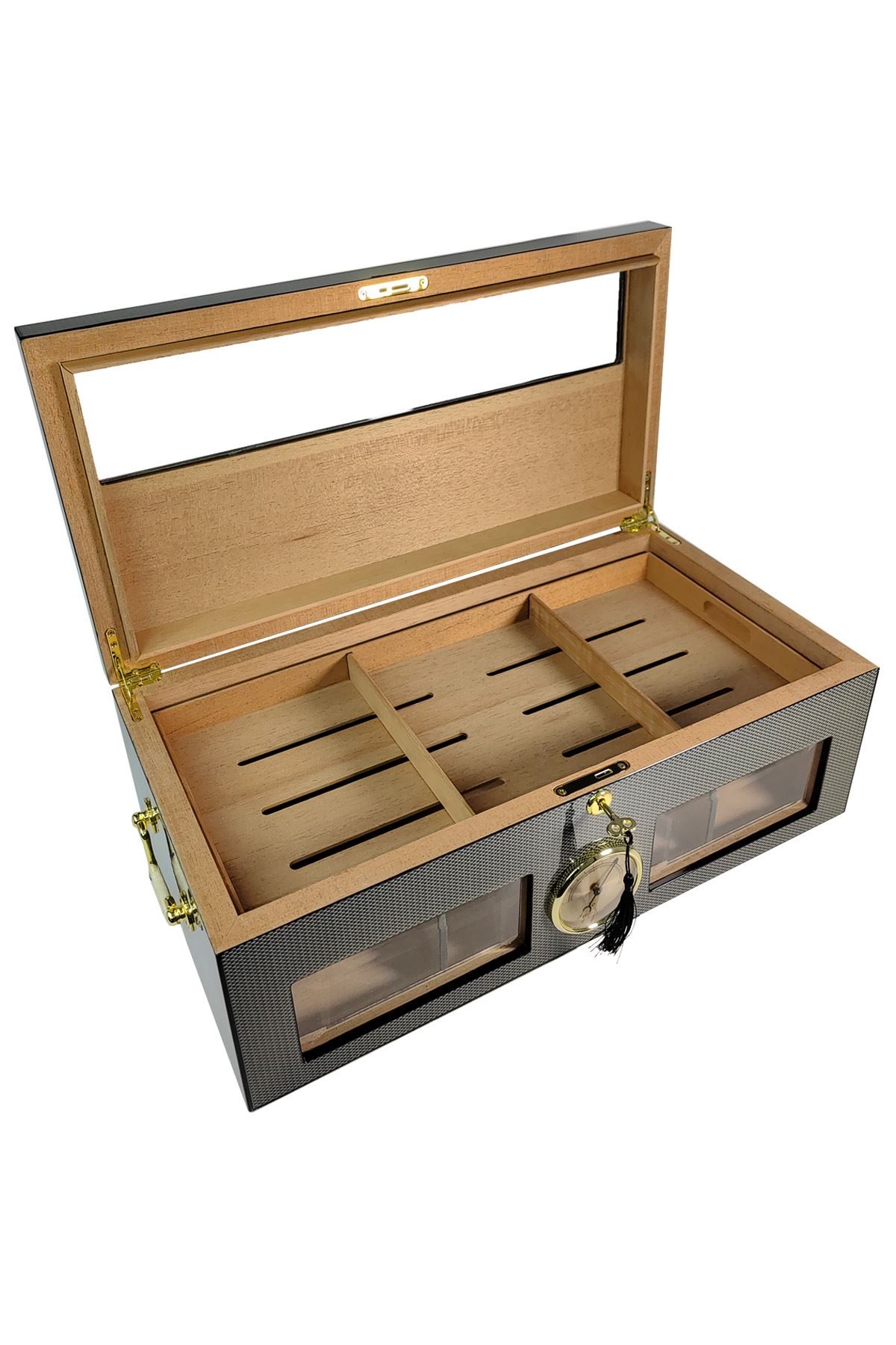 İtalyan Sediri Karbon Fiber 2 Katlı Büyük Camlı Özel Humidor Puro Kutusu rd21