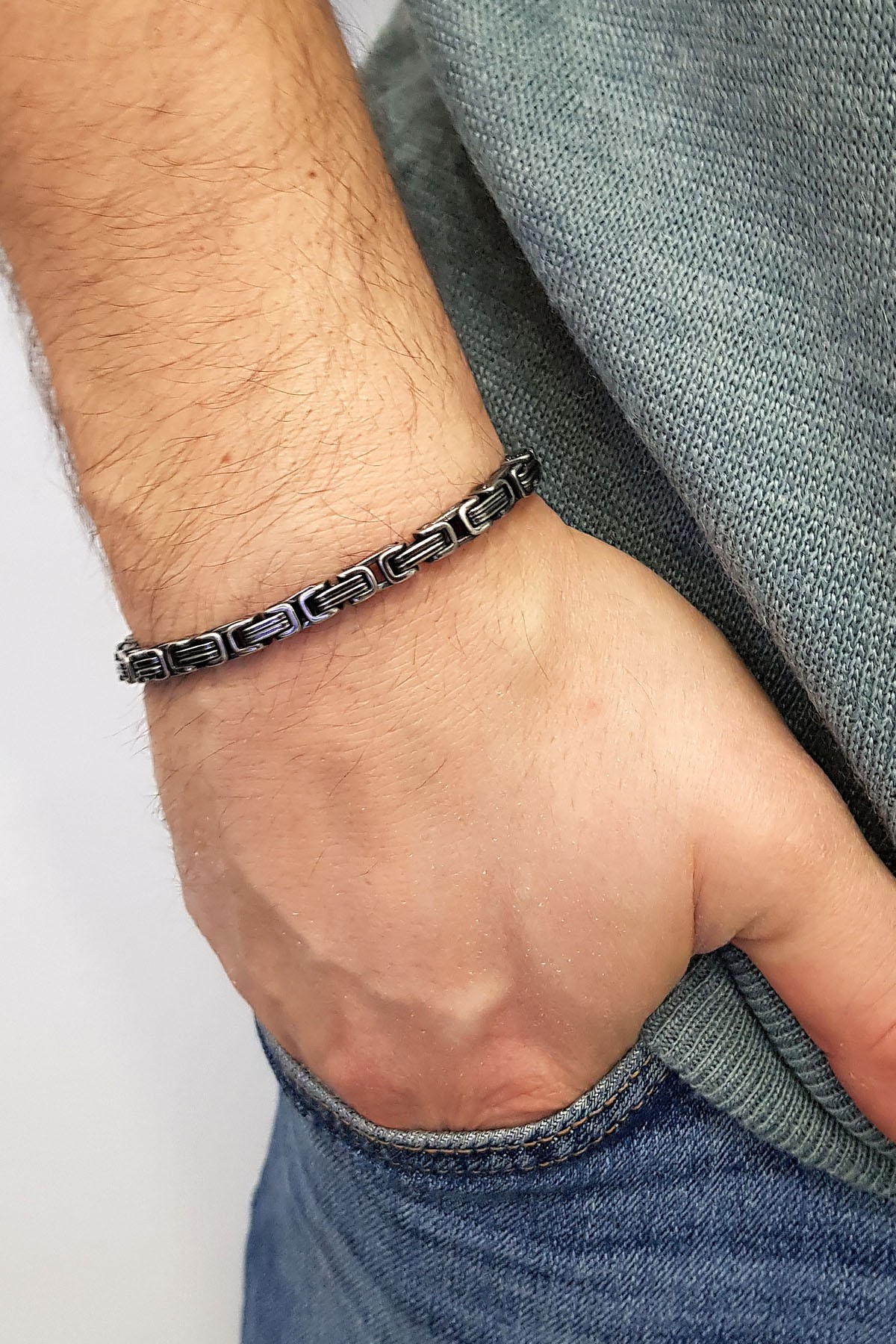 Chavin Kral Model 5 mm. Eskitme Gri Çelik Erkek Bileklik az68es