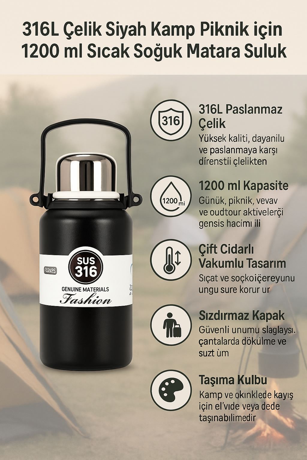 316 L Çelik Siyah Kamp Piknik için 1200 ml Sıcak Soğuk Matara Suluk cin477sy