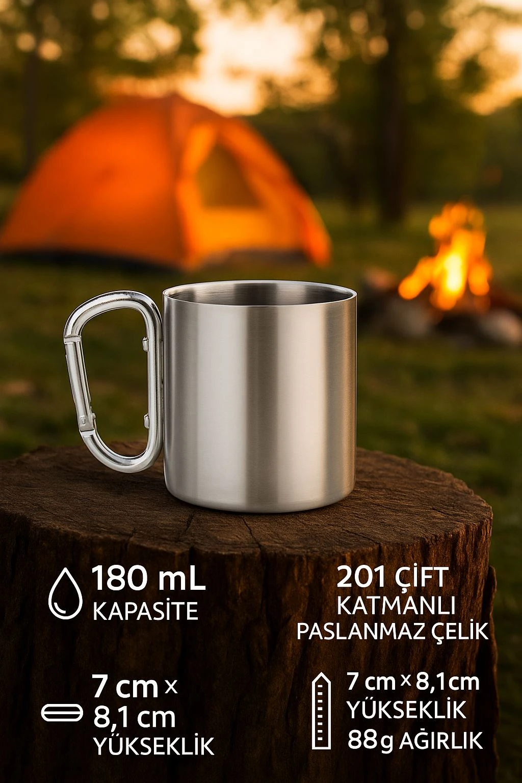 2 li Karamina 180 ml. Çift Kat Çelik Kamp Bardağı Fincanı cin230