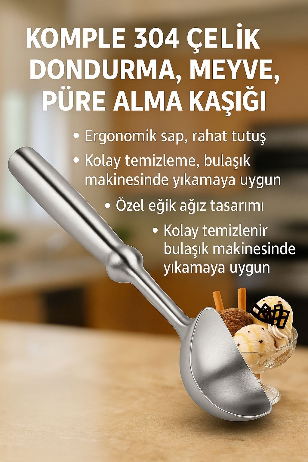 Komple 304 Çelik Lüks Dondurma Meyve Püre Alma Kaşığı mt197