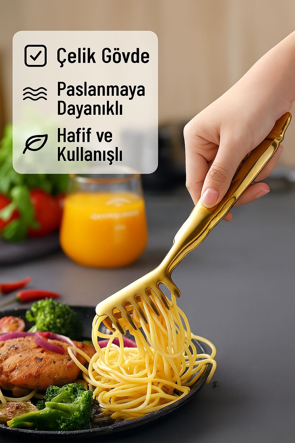 Çelik Gold Taraklı Mutfak Salata Makarna Spagetti Maşası Maşa cin623sr
