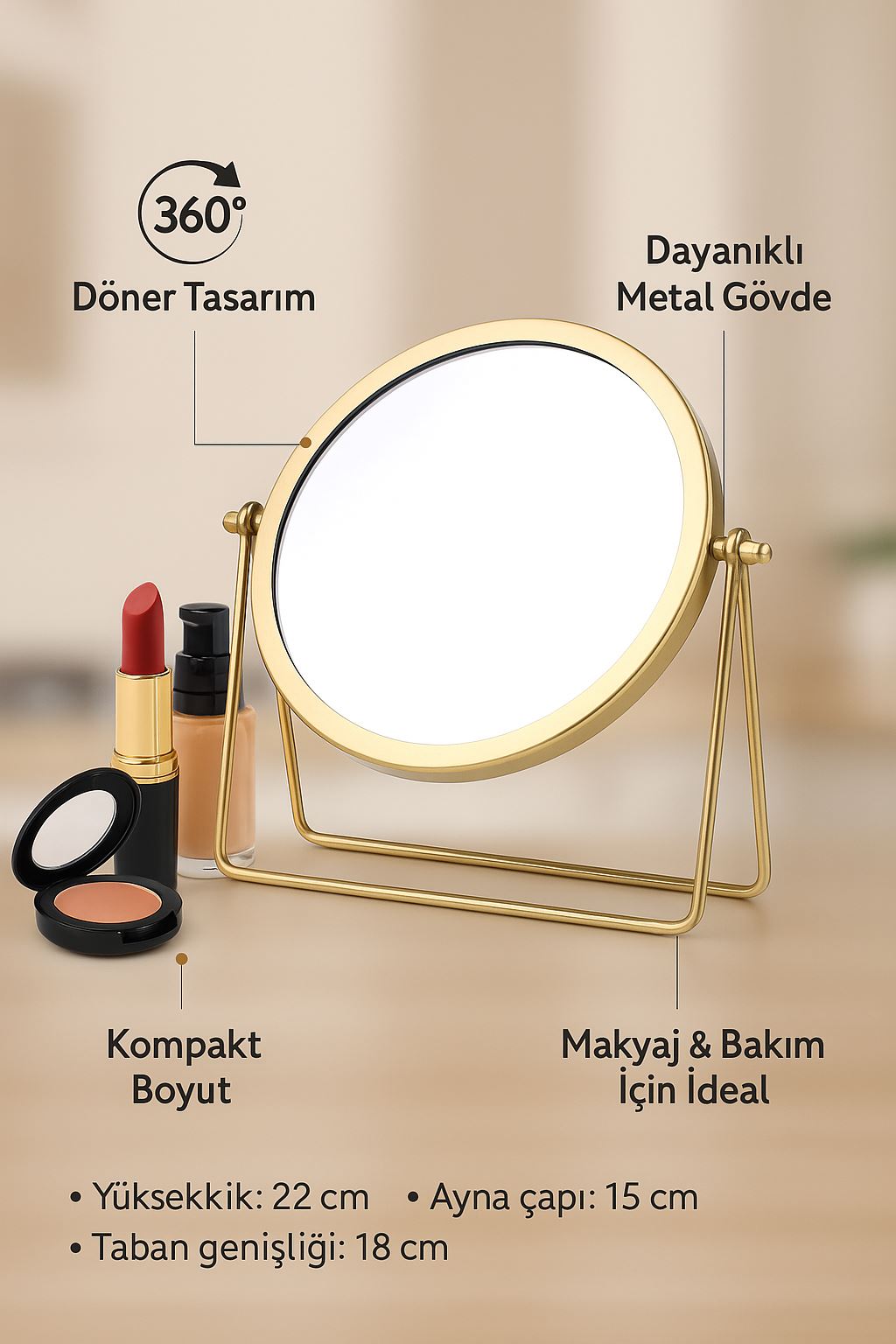 Masa Üstü 15 cm Tek Taraflı Yuvarlak Dönen Metal  Masa Aynası cin714gld