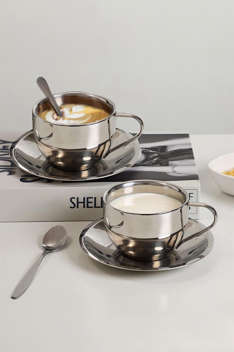 Çelik 3 Parça 180 ml Çift Cidarlı Espresso Kahve Fincan Seti Sunum Bardağı mt120