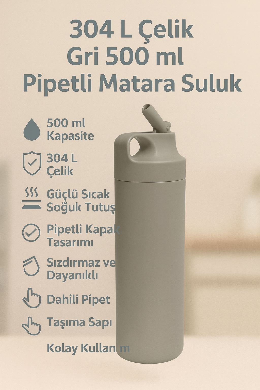 304 L Çelik Gri 500 ml Pipetli Matara Suluk cin414gr