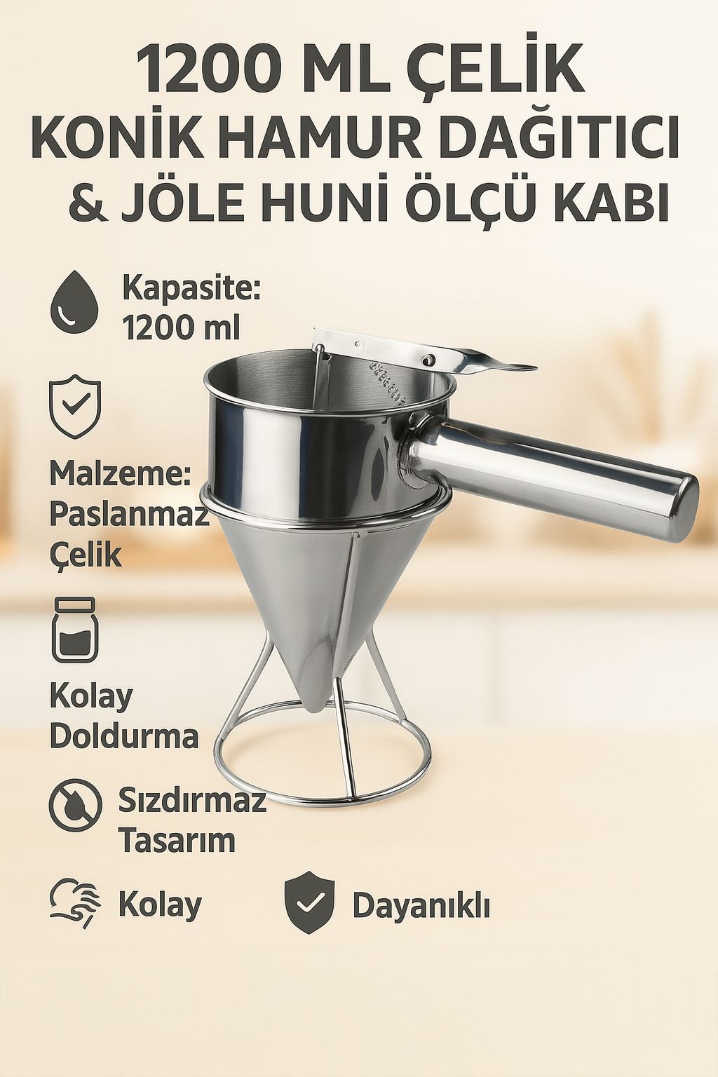 Paslanmaz Çelik 1200 ml Konik Mum Dökme Huni Ölçü Kabı cin704x