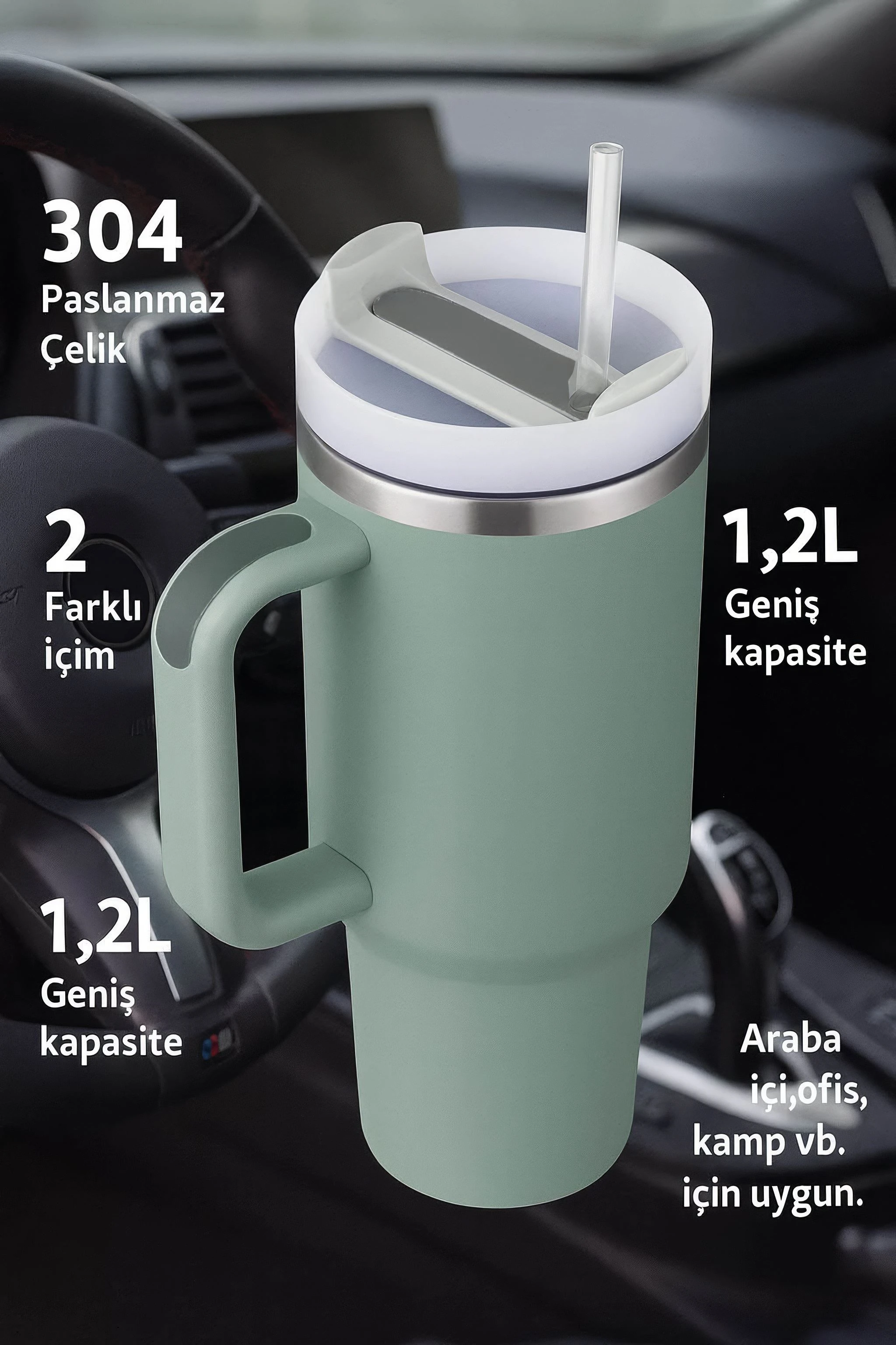 304 L Çelik 1,2 L Pipetli Yeşil El Termos Mug (SIZDIRMAZLIK YOK) cin856ysx
