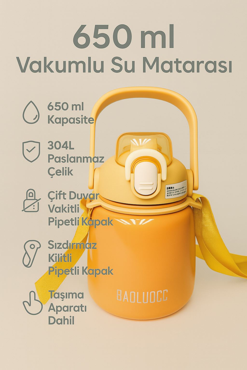 304 L Çelik Turuncu 650 ml Askılı ve Pipetli Matara Suluk cin469tr