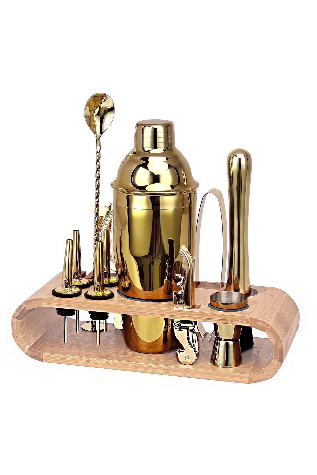 Ahşap Standlı 12 Parça Çelik 750 ml Shaker Bar Tokmağı Jigger Seti Barmen Seti