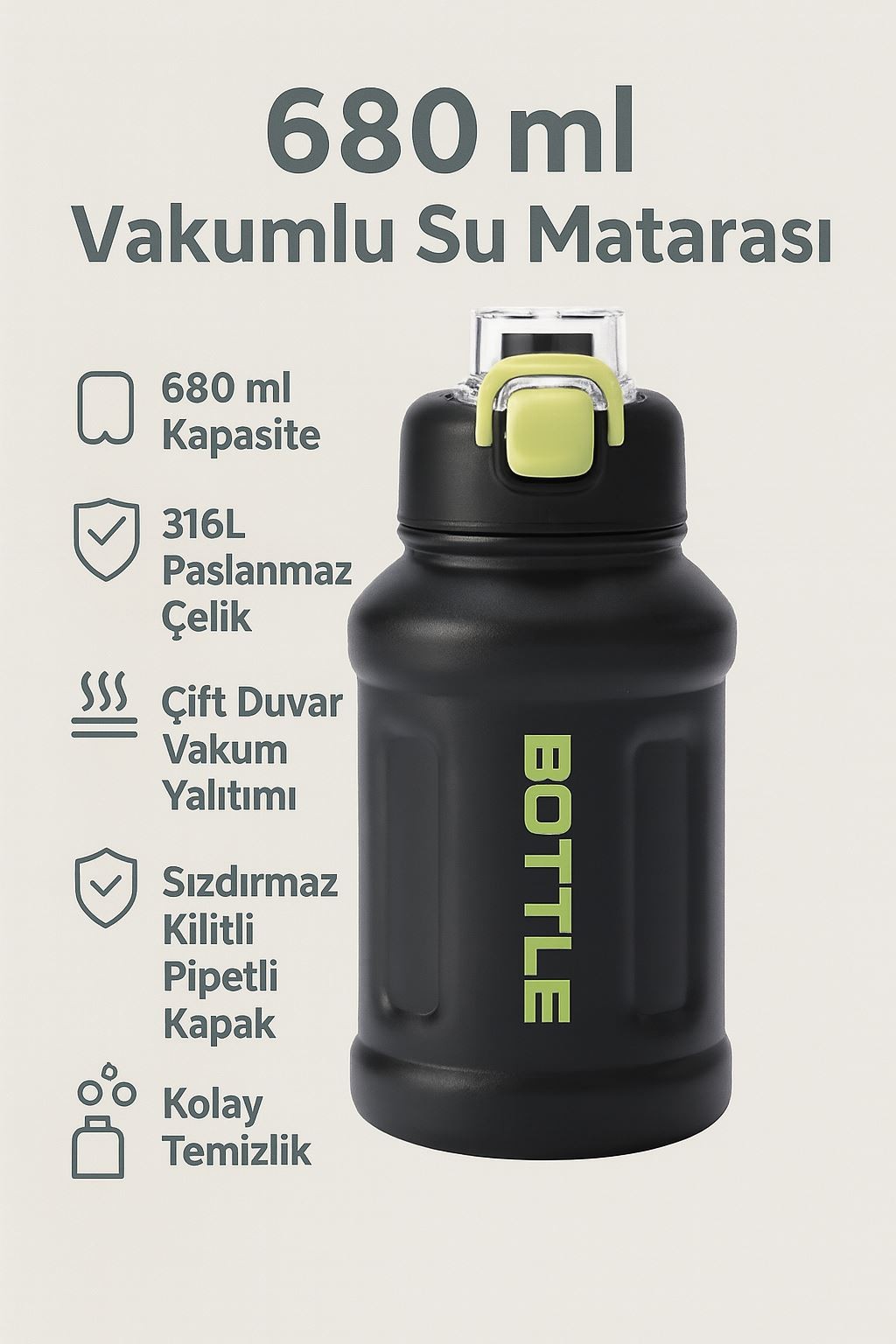 316 L Çelik Siyah 680 ml Askılı ve Pipetli Matara Suluk cin468sy