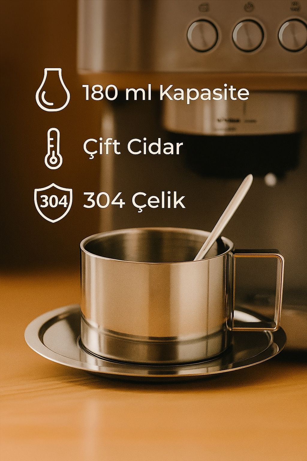 Çelik 4 Adet 3 Parça 200 ml Çift Cidar Espresso Kahve Fincan Seti Sunum Bardağı 