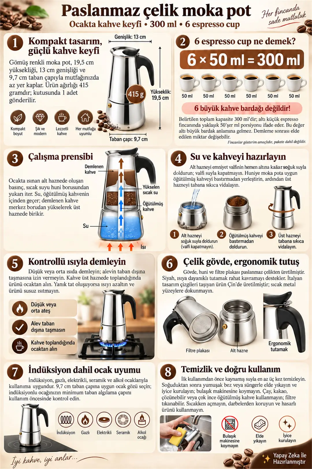 Paslanmaz Çelik Ocak Üstü 6 Cup Fincan Moka Pot Espresso cin285-6