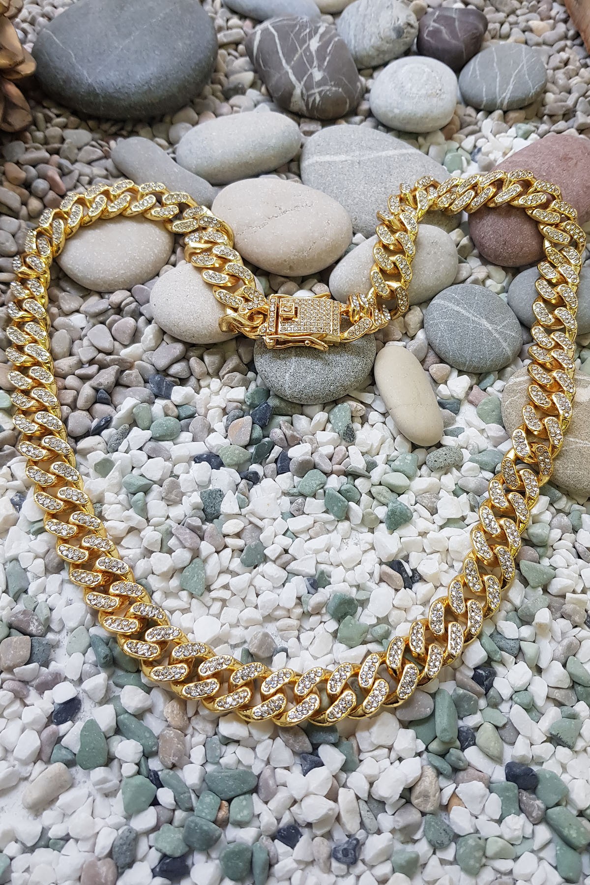 Chavin 13 mm. Kalın 45 cm. Taşlı Gold  Alloy Kadın Zincir ek55sr