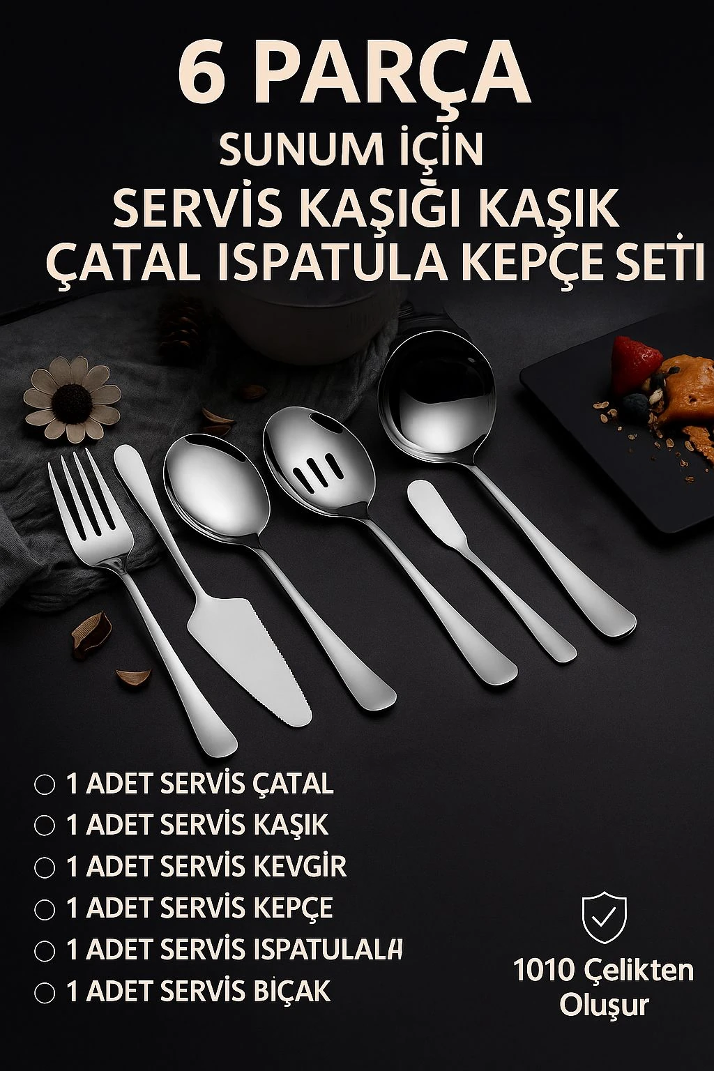 6 Parça Silver Sunum için Servis Kaşığı Kaşık Çatal Spatula Reçel Seti cin613slv