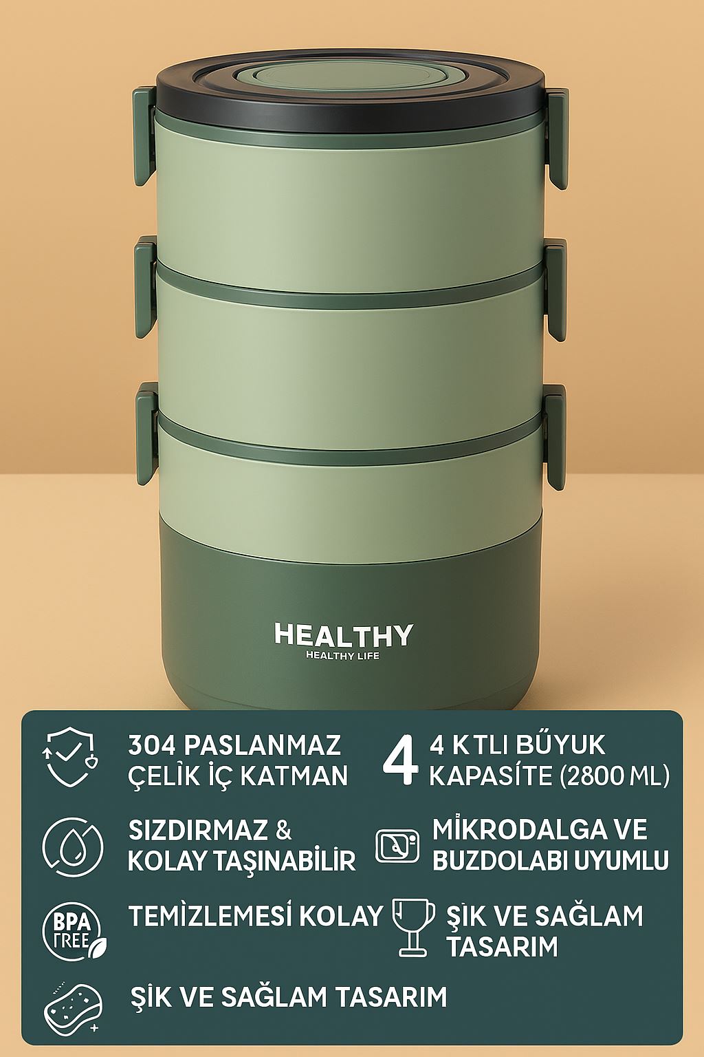Çelik Dört Kat 2800ml Yemek Mama Saklama Kabı Sefertası (SICAK TUTMAZ) cin608ys