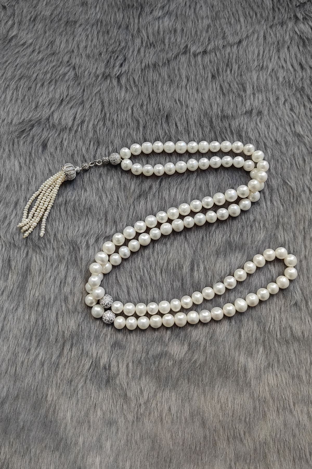 Chavin 8 mm. Püsküllü 99 luk Kadın Uzun Doğal inci Tespih ve Kolye ey04