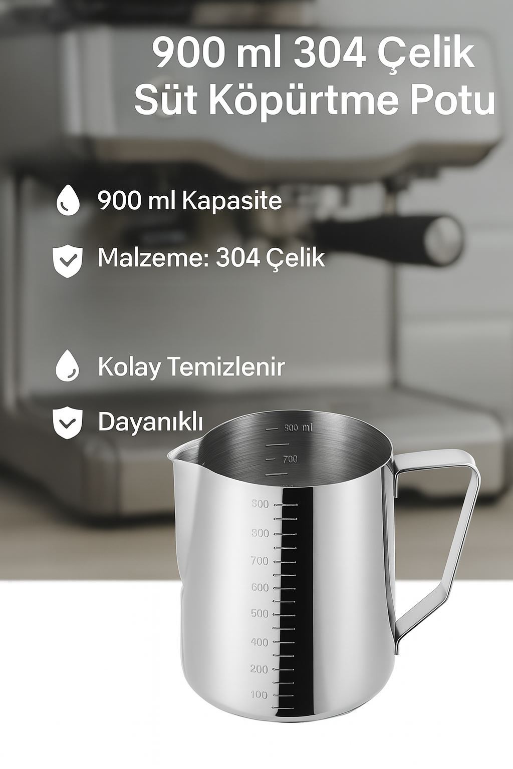 304 Çelik 900 ml Kahve Süt Köpürtme Potu Sütlük Pitcher cin504
