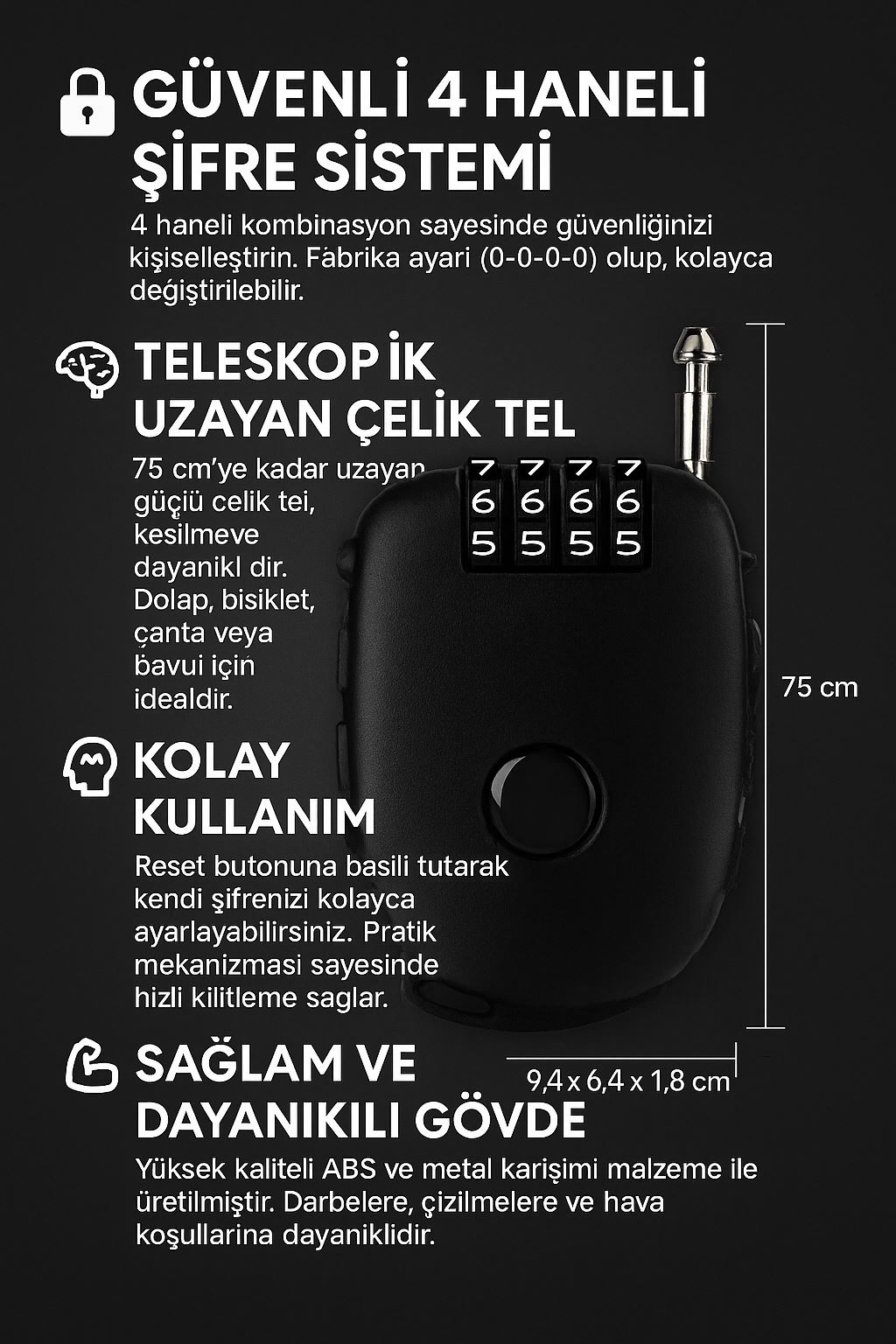 Teleskopik 65 mm Uzayan Şifreli 4 Haneli Dolap Bagaj Kilidi Asma Kilit cin815sy