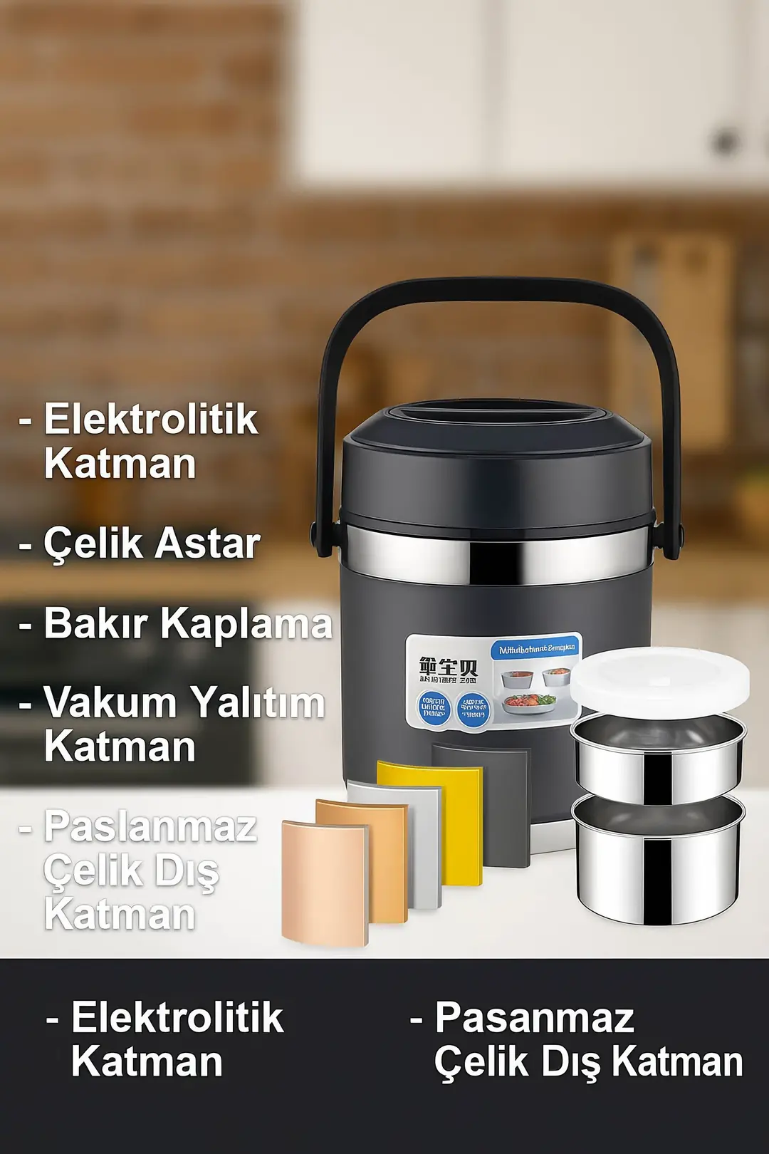 304 Çelik Gri 1600 ml Vakumlu Yemek Mama Saklama Termosu Sefertası