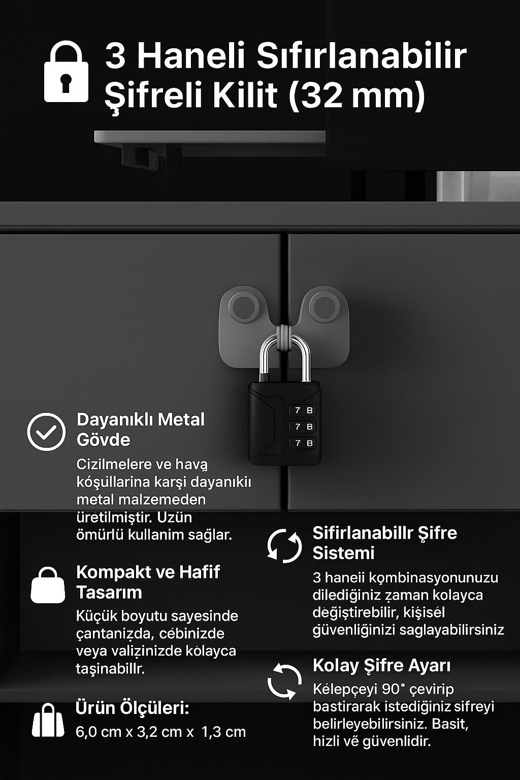 3 Haneli 32 mm Şifreli Sıfırlanabilir Dolap Bagaj Çanta Kilidi Asma Kilit cin966