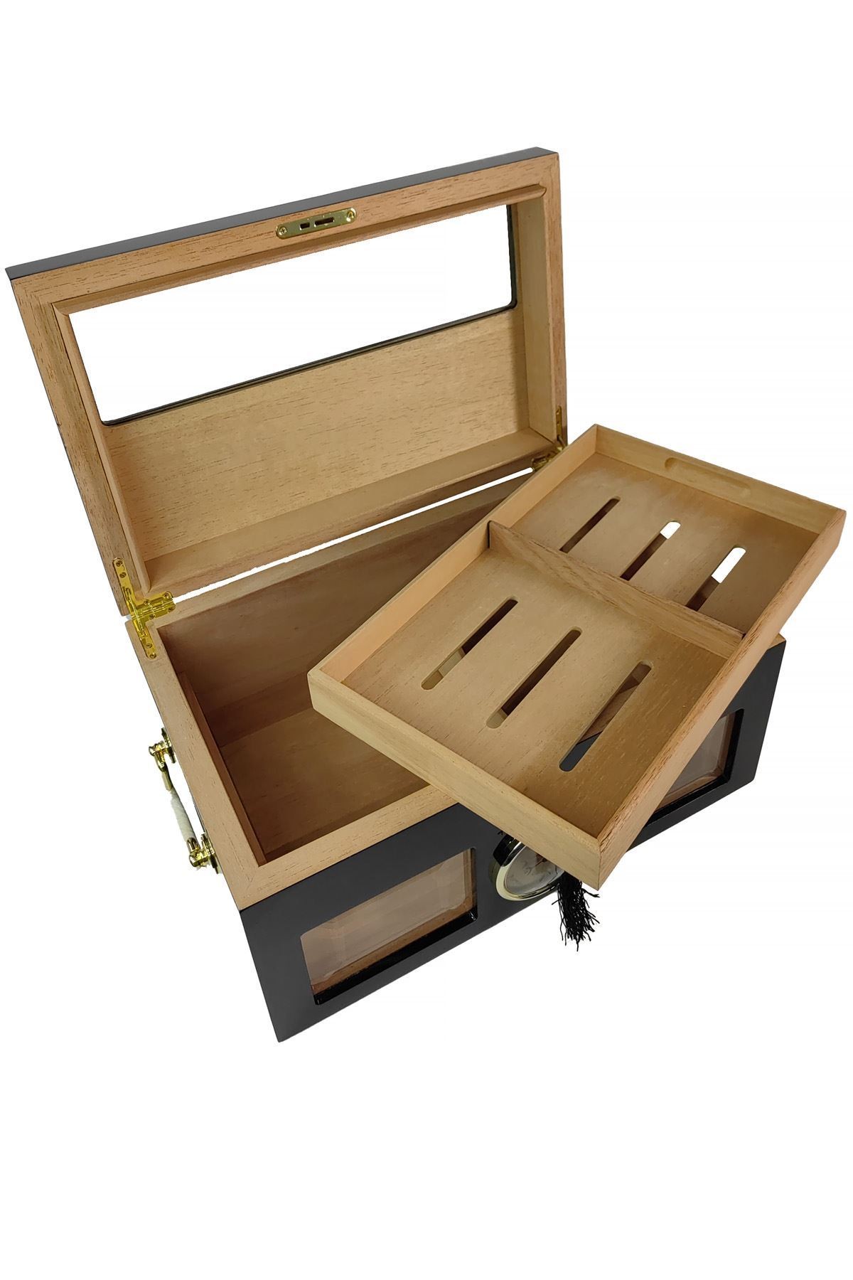 İtalyan Sediri Defol u Siyah 2 Katlı Camlı Özel Humidor Puro Kutusu rd19sy-d2