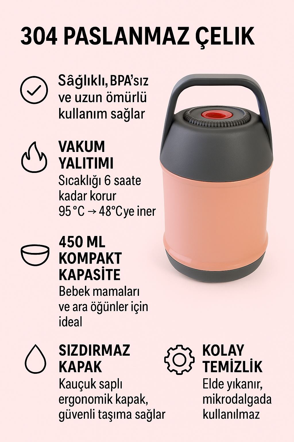 Pembe 304 Çelik 450 ml Vakumlu Bebek Mama Saklama Termosu Mug cin297pm