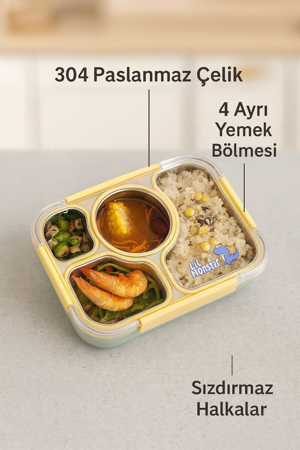 304 Çelik 980 ml 4 Bölmeli Öğrenci Ofis Yemek Mama Kabı Sefertası mt182sr