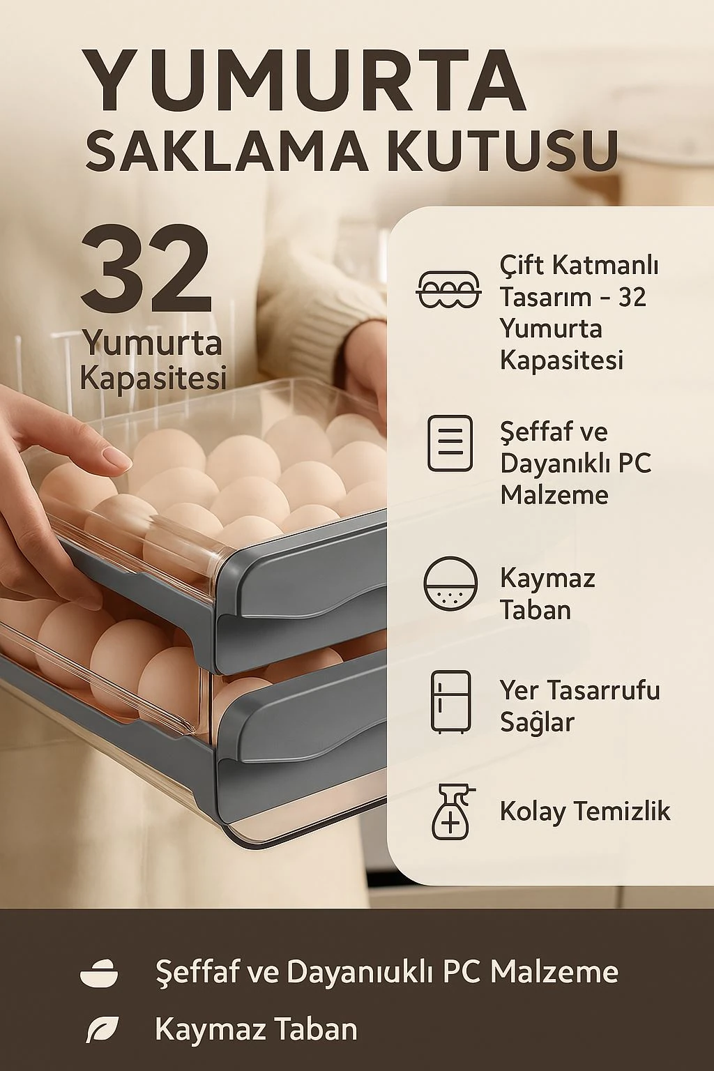 32 Bölmeli Plastik Yumurtalık Buzdolabı Düzenleyici Yumurta Saklama Çekmecesi