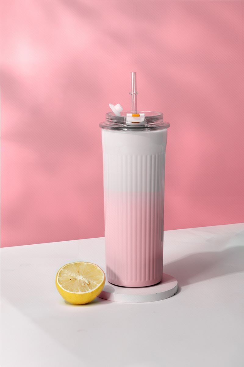 304 L Çelik 500 ml. Pembe Beyaz Degrade Pipetli El Termos Mug cin913pm